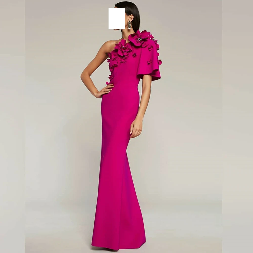 Customized Temperament Appliques Jersey One Shoulder Evening Dress Fashion Straight Short Sleeves Floor Length Homecom