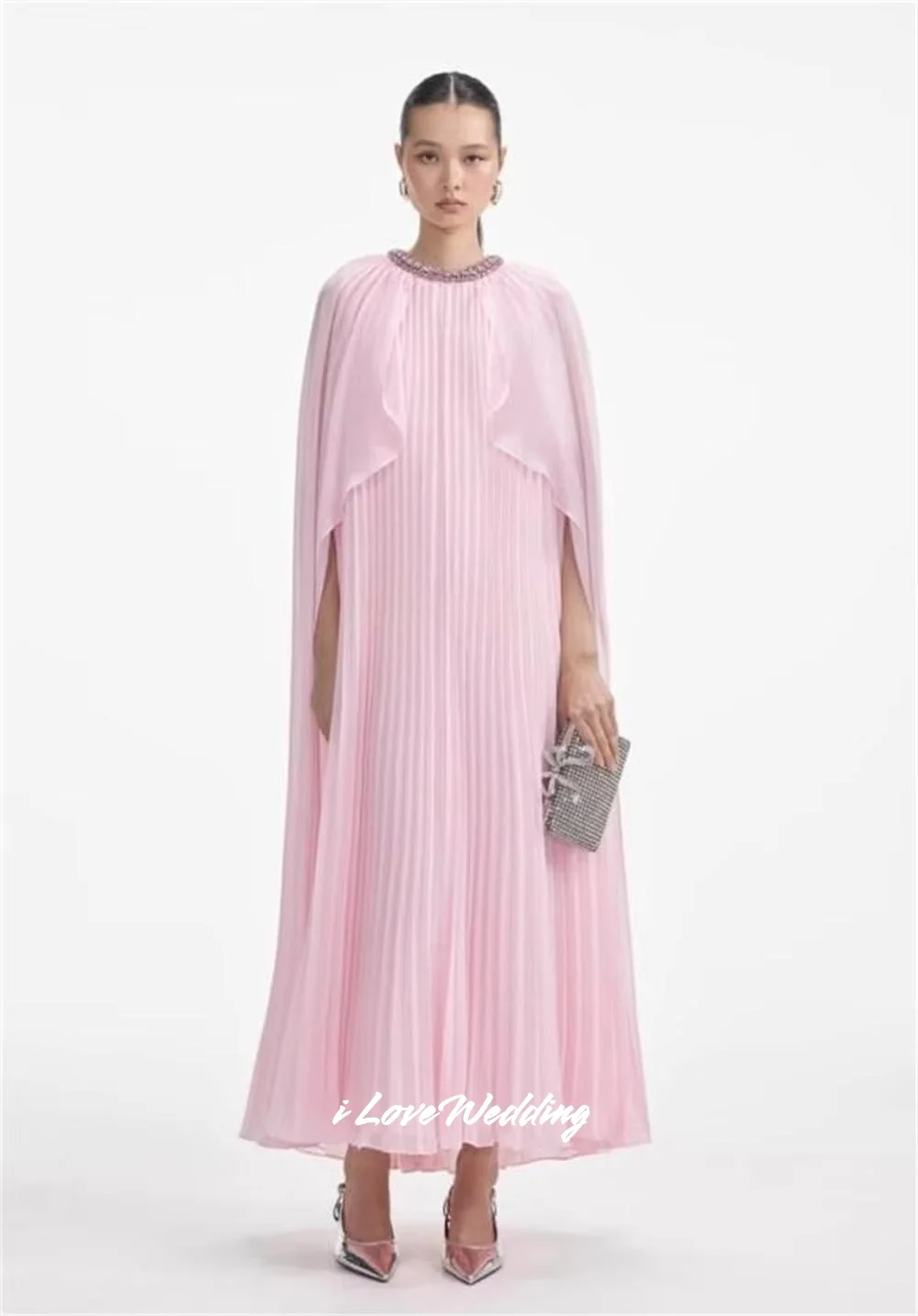Pink O-Neck Evening Dress Chiffon Rhinestone A-Line Shawl Dubai Saudi Arabia Wedding Party Dress Ankle-Length Pleated Customized
