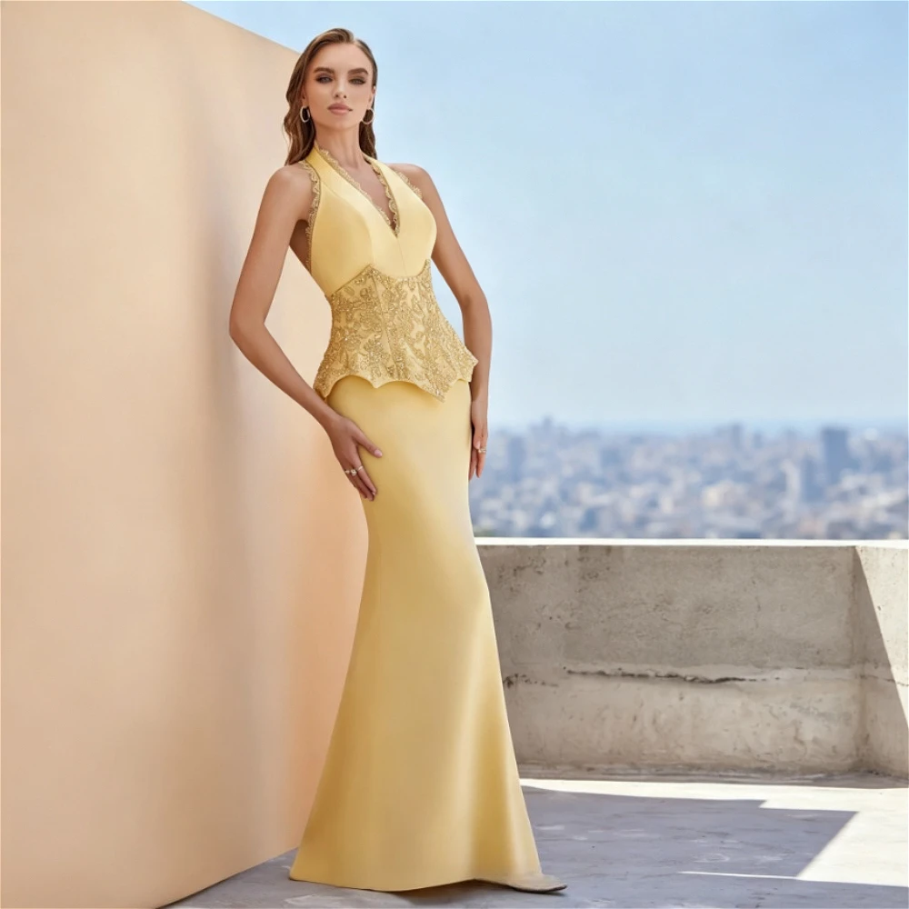 Customized Yellow Halter V Neck Mermaid Evening Dress Lace Beaded Peplum Satin Floor Length Formal Gown For Wedding Guest Gown