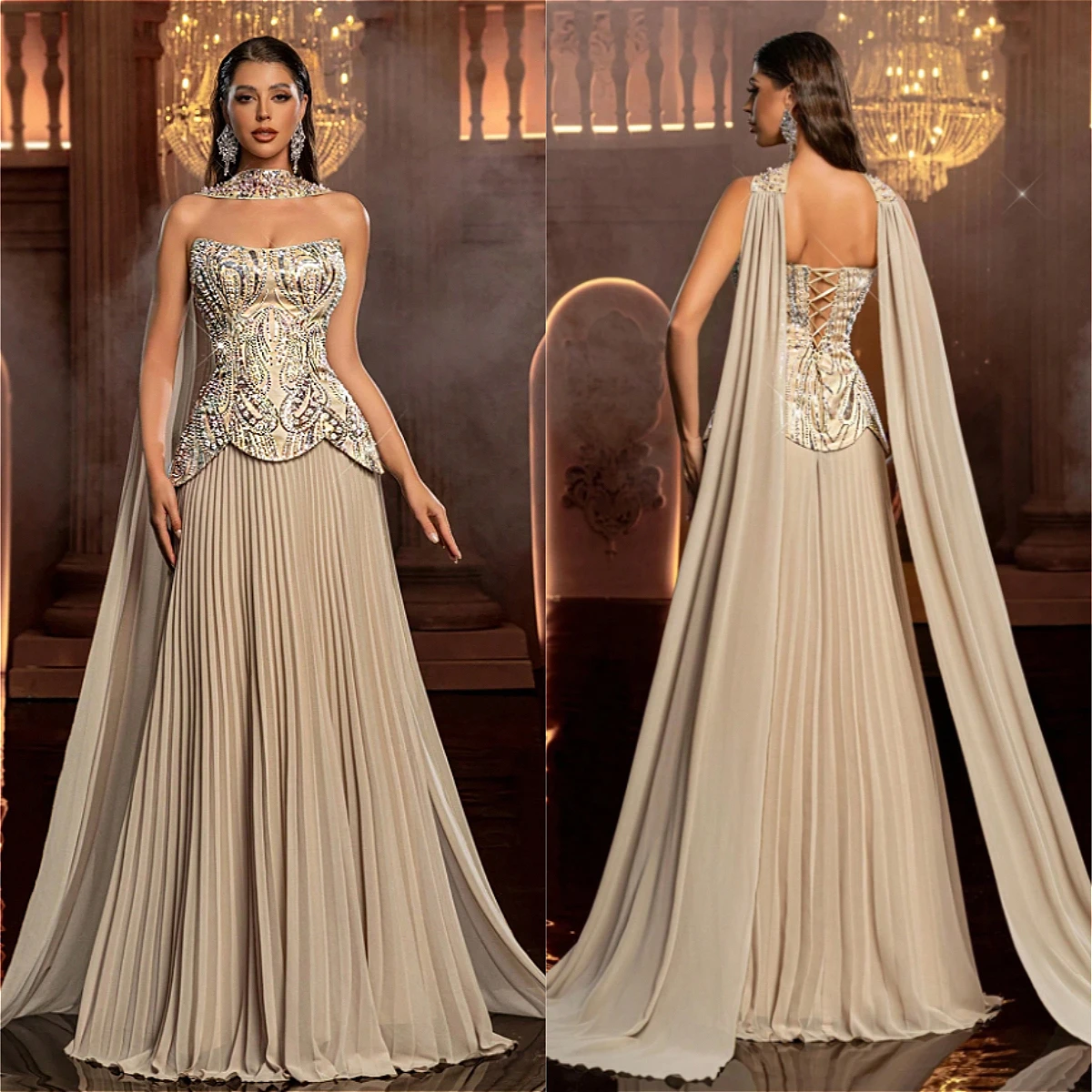 Customized Dark Green Halter Cape Sleeve Mermaid Evening Dress Full Sequins Satin Corset Floor Length Formal Prom Maxi Dress