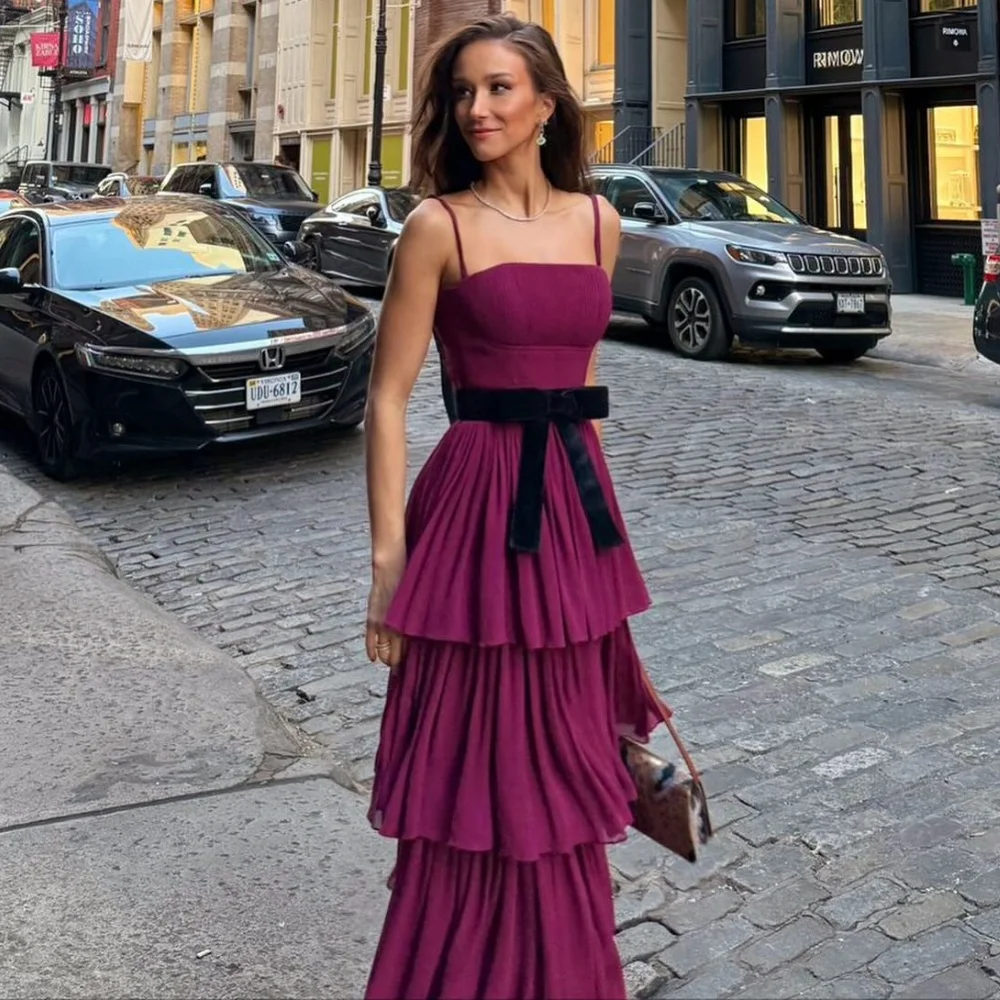 Customized High Quality Chiffon Pleat Bow A-line Spaghetti Strap Long Prom Dresses Luxury Party Formal Modern Style