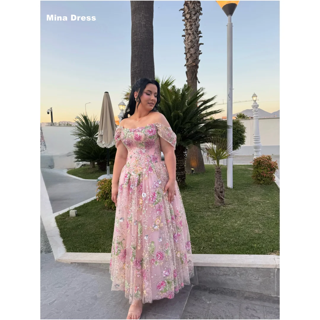 Mina Customized Pink Off Shoulder Floral Beaded Sequin Tulle Lace Elegant Luxury Party Dresses for Special Occasions Prom Dress