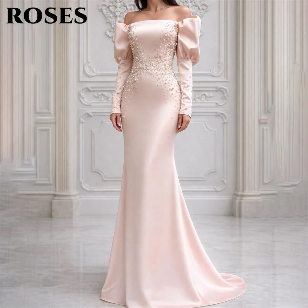 ROSES Light Pink Party Dress Off the Shoulder Evening Dress with Beaded Satin فساتين السهرة for Wedding Customized