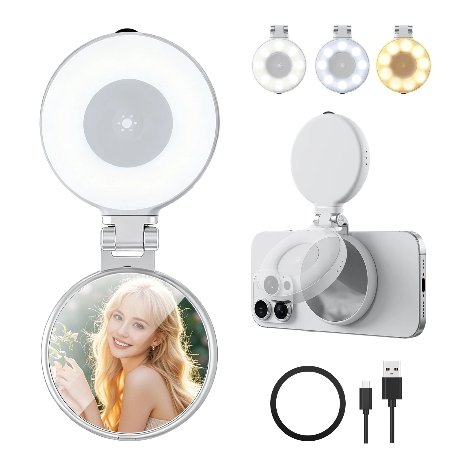 TELESIN Smartphone Magnetic Fill Light Rechargeable Mini Selfie Light 3 Modes Adjustable Brightness with Mirror for Smartphone