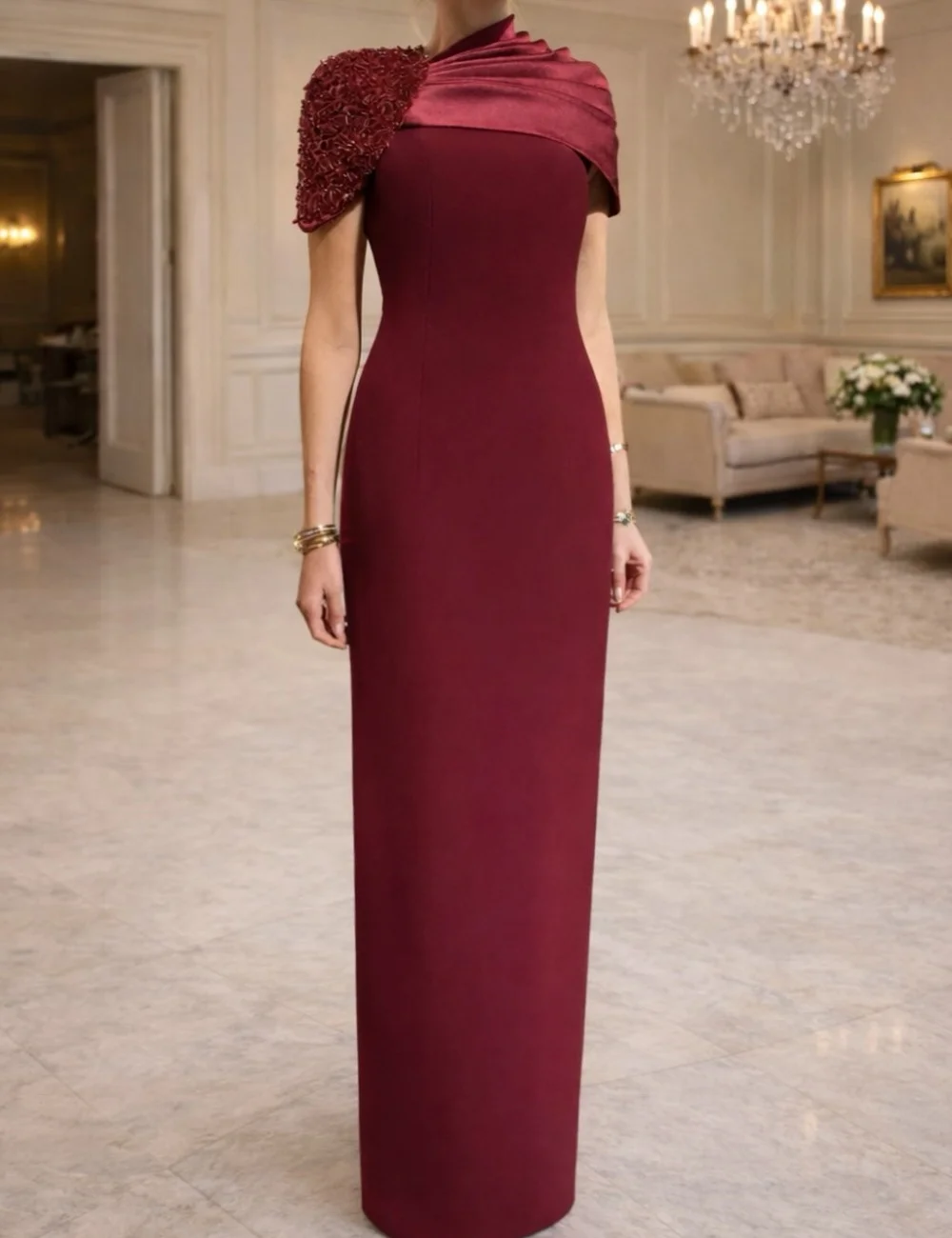 Customized Modern Style Jersey Pleat Sequined Straight O-Neck Long Bespoke Occasion Prom Dresses Sizes Available