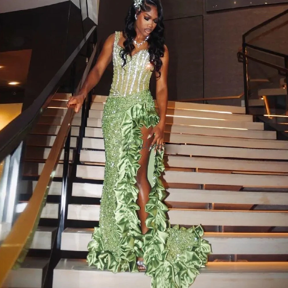 Customized Green Sequin Prom Dress with Ruffles Split Spaghetti Strap Beaded Evening Party Gown Illusion Corset Pageant Dresses