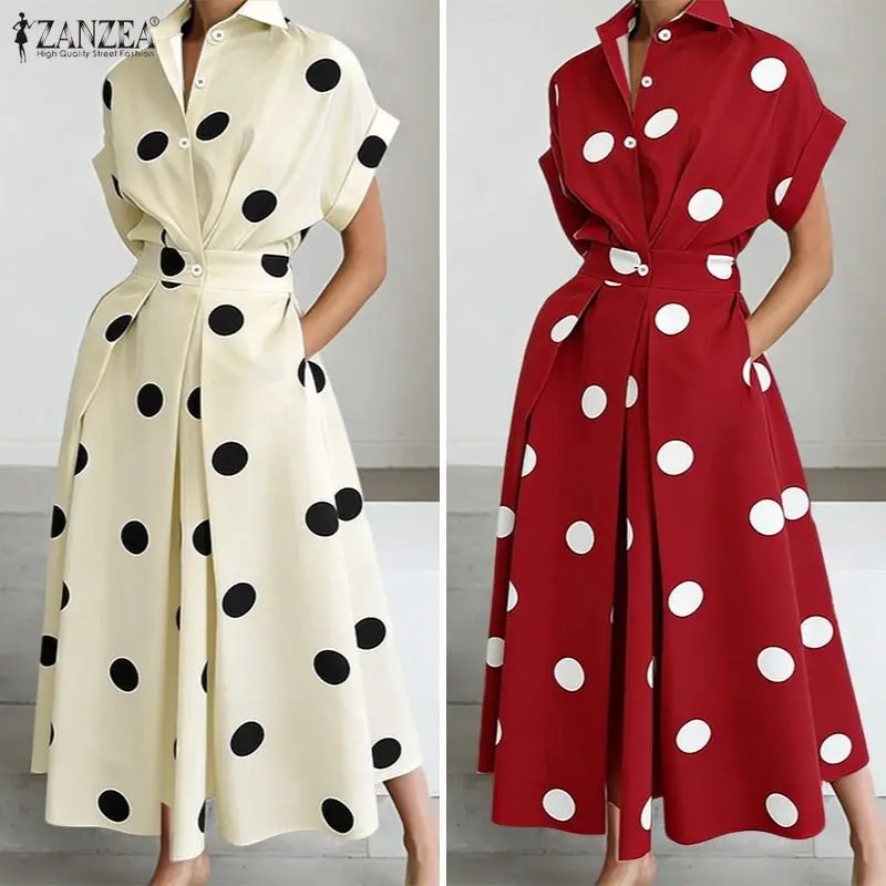 Stylish Women Short Sleeve Lapel Neck Office Sundress ZANZEA 2026 Summer Polka Dots Dress Elegant High Waist Buttons Up Dresses