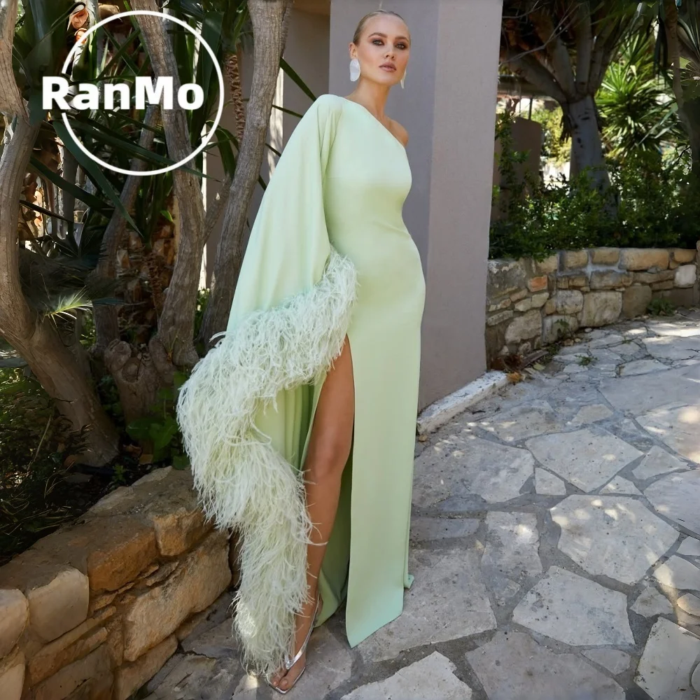 Ranmo Elegant mint green Evening Gown Dress 2026 Full One-Shoulder Pleated Feather Mermaid Side High Slit Customised Prom Gown