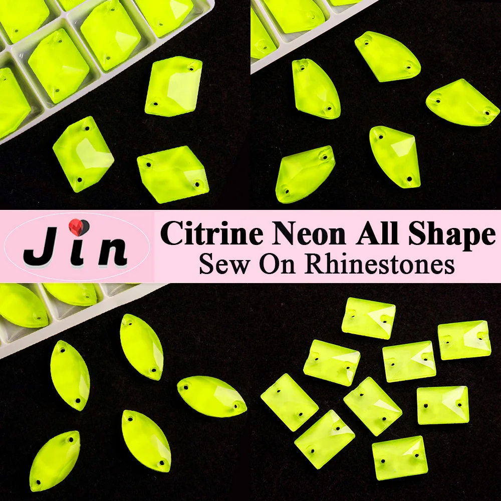 Jin Mix Shape Neon Citrine Sew On Rhinestones Glass Crystal Large Diamond Flatback Non Hotfix Sewing Stones for Clothing Garment
