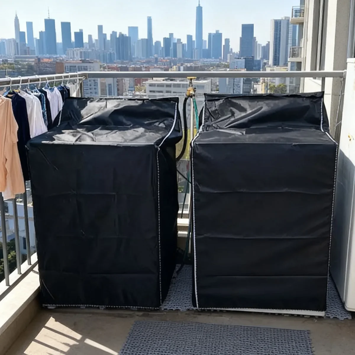 Washing Machine Cover Balcony Courtyard Drum Washing Machine Dryer Protective Cover Anti-tear 210D Black Washing Machine Cover