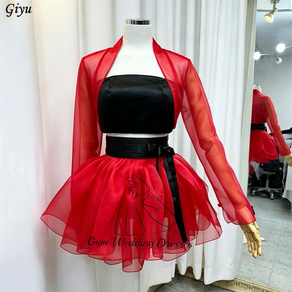 Giyu Customized Hanbok 3 Piece Party Dress Outfit Red Sheer Mesh Long Sleeve Cardigan Black Tube Organza Mini Korean Prom Dress