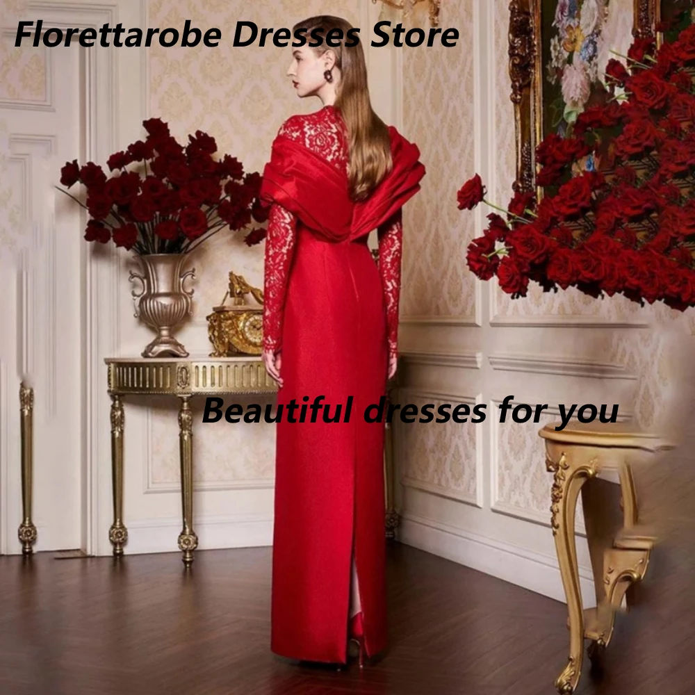 Red Formal Evening Dress Customized Round Neck Lace Long Sleeves Crystal Elegant Prom Gown Floor Length Straight Party Dresses