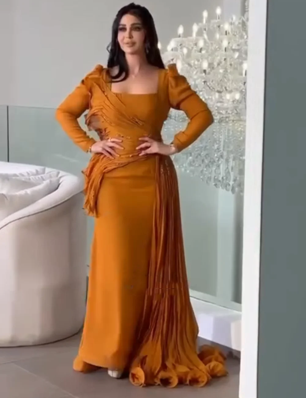 Customized Matching Jersey Pleat Sequined A-line Square Neck Long Dresses Evening Dresses Luxury 2025 High Quality