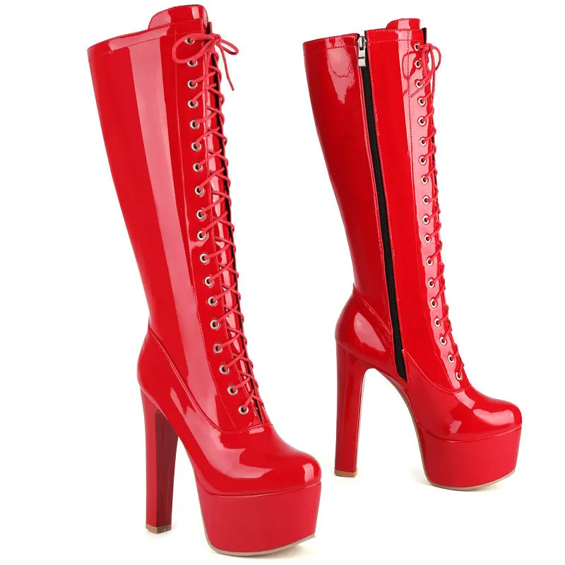 Patent Leder Plain Rot Weiß Lace-up Sexy Frauen Schuhe Winter Schuhe Runde Kappe Plattform Spike High Heels Knie-hohe Stiefel Dame