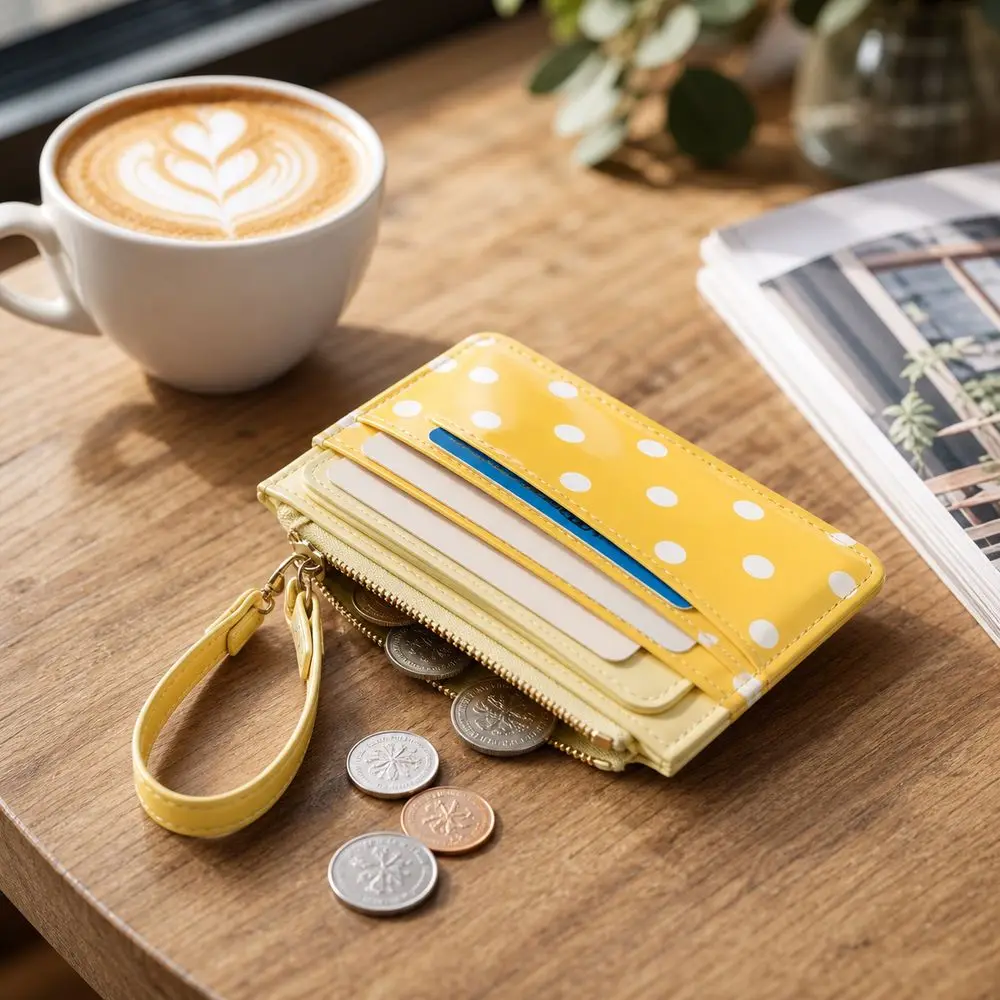 Nouvelle bourse à monnaie en PU à pois, porte-cartes multi-emplacements, portefeuille avec fermeture éclair, dragonne, petite bourse à monnaie, organisation des cartes