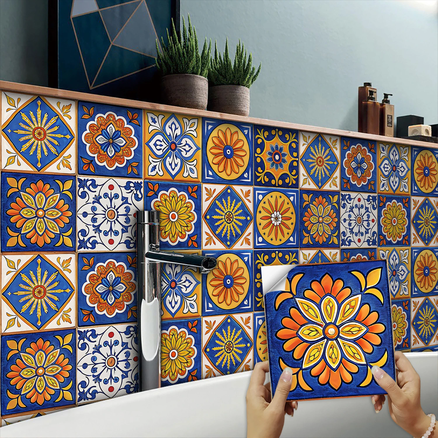 10 Stück Spanischer Stil Bunte Fliesen-Aufkleber Küche Spritzschutz Ölbeständige Schrank-Wandaufkleber Wasserdichte Kunst-Wandtattoos