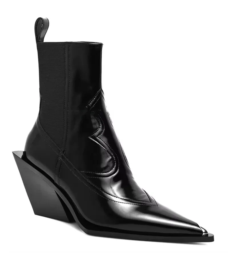 Neue Keilabsatz-Lederstiefeletten mit spitzer Zehenpartie für Damen, Chelsea-Schuhe, Herbst-Stiefel mit dickem Absatz und elastischem Riemen, Nude-Stiefel im Vintage-Luxus-Stil