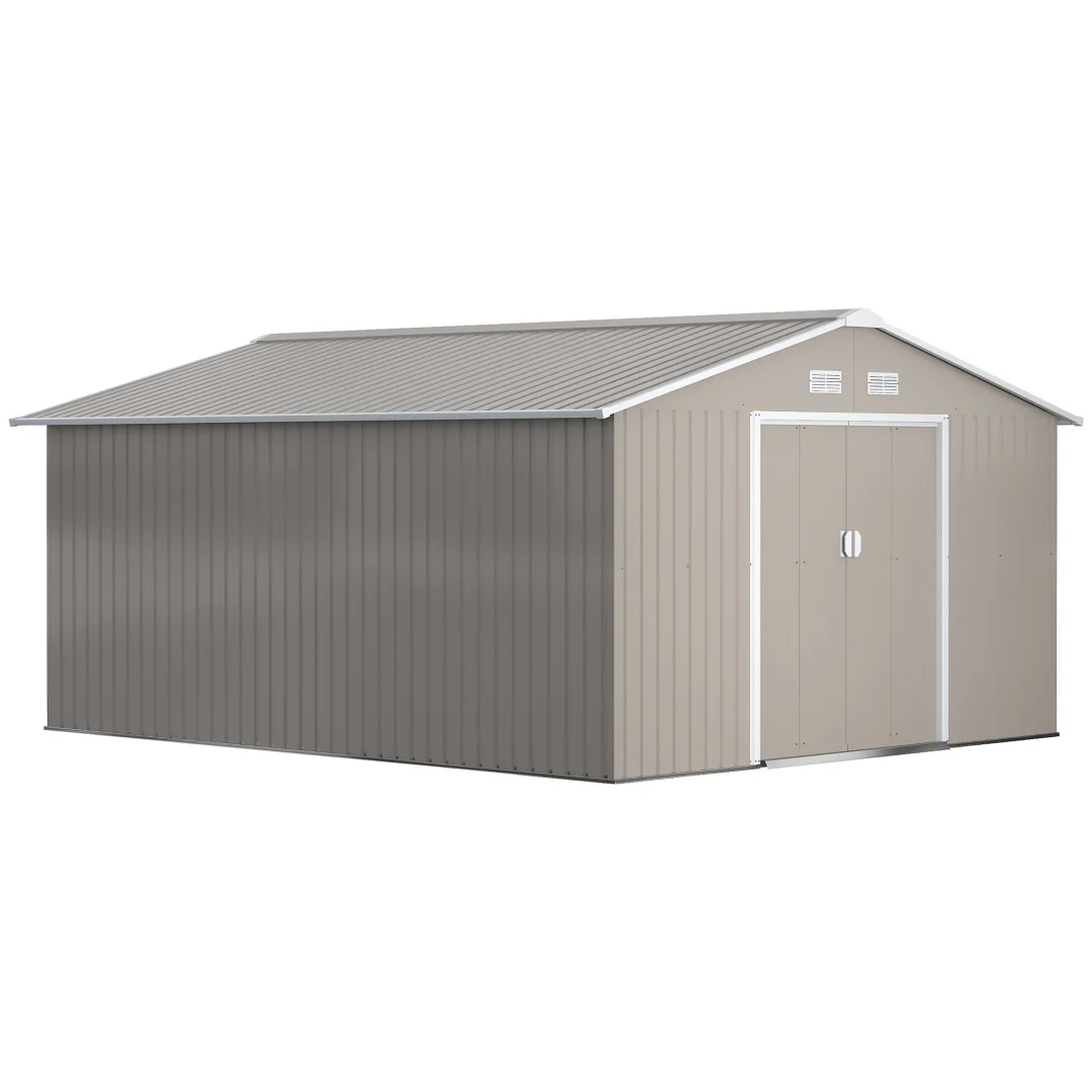 Abri de jardin 12,4 m², abri de jardin avec toit à pignon, porte coulissante, fondation, 340 x 386 x 200 cm, abri à outils en acier galvanisé, résistant aux intempéries, pour jardin, gris anthracite
