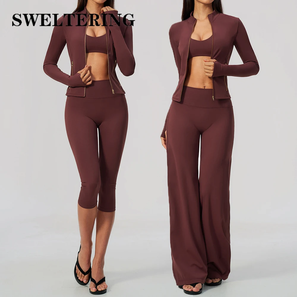 Ensemble de yoga 3 pièces pour femme : survêtement de sport, tenue d'entraînement zippée, vêtements de fitness à manches longues, vêtements de sport pour la gym, soutien-gorge de sport, vêtements de yoga