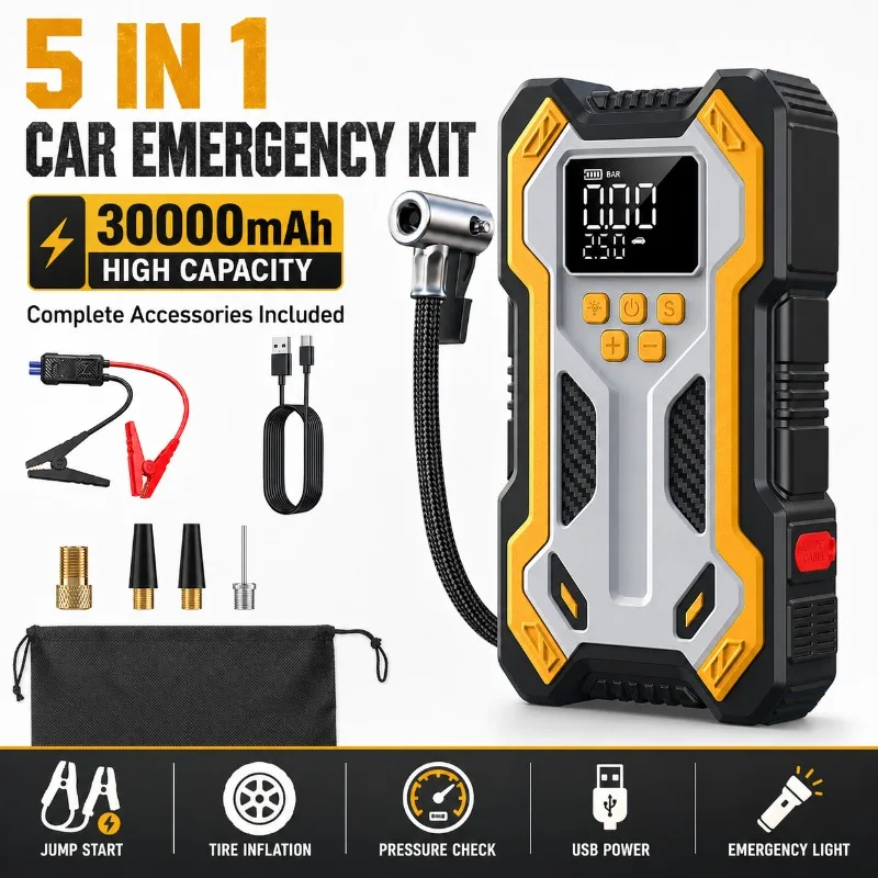Démarreur de voiture 4 en 1, 30000mAh, gonfleur de pneus portable, compresseur d