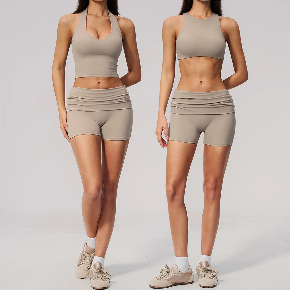 Ensemble de yoga 2 pièces pour femme, tenue de sport athlétique, soutien-gorge de sport dos nu et short de sport assorti, ensembles d'entraînement, tenues de fitness