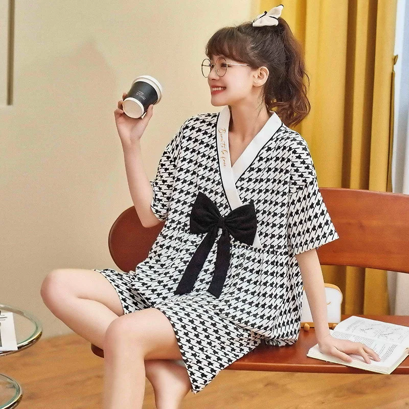 Pyjama en coton pour femmes, kimono japonais, deux pièces, manches courtes, pantalon, ample, Service à domicile, vêtements de détente, nouvelle collection été 2023