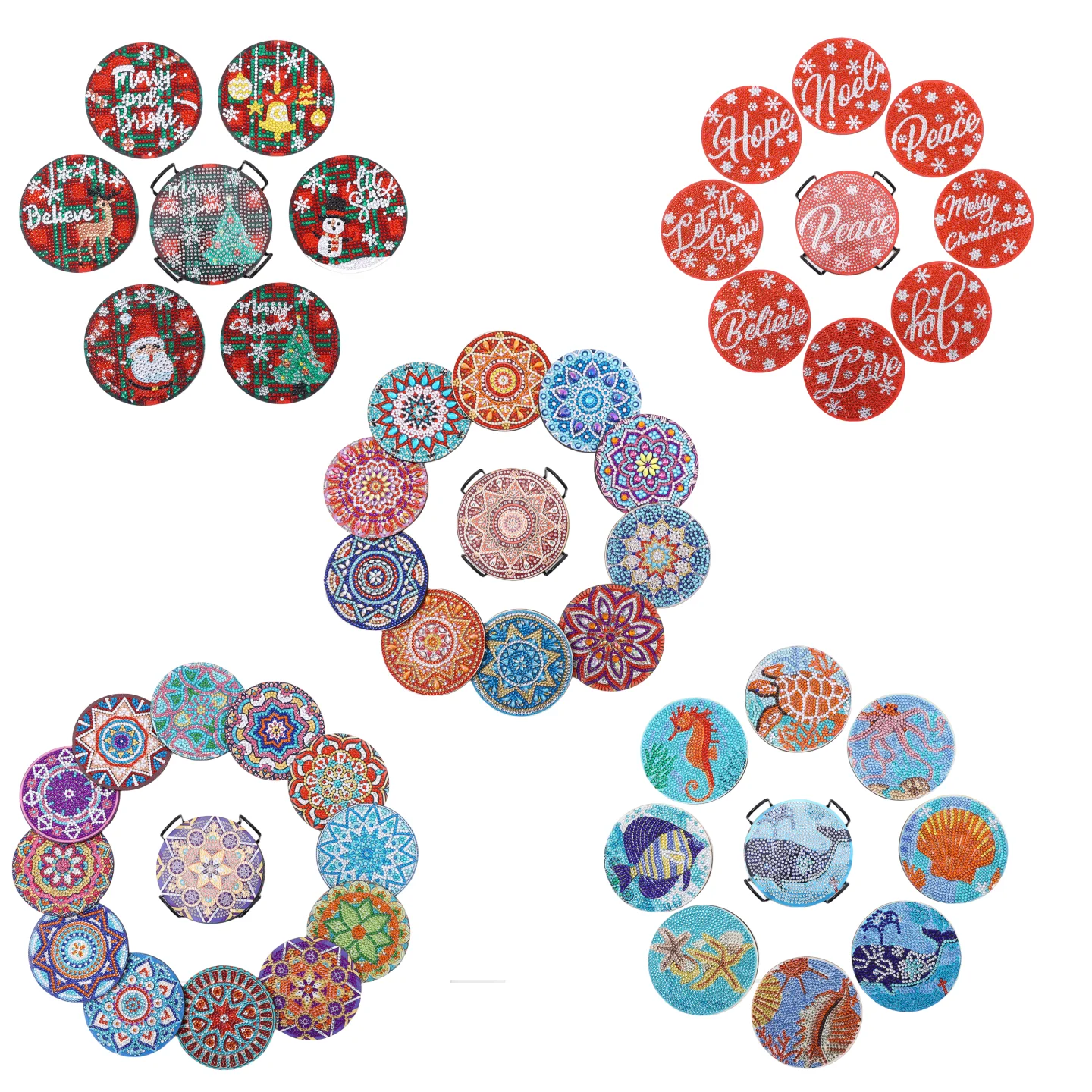 Sous-verres en bois à peindre soi-même avec diamants, art de table avec support, paillettes de cristal, adaptés aux adultes, pour le bureau, le café, la maison