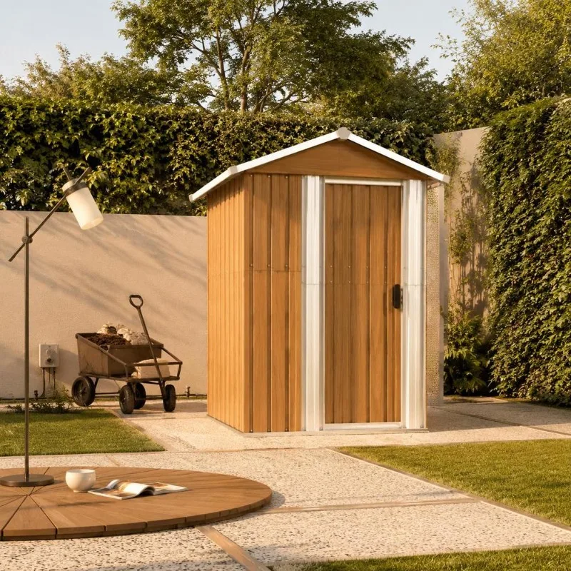Abri de jardin 126 x 97,5 x 177 cm en acier galvanisé avec porte coulissante, grand espace de rangement pour outils de jardin et accessoires de piscine, abri robuste pour jardin et terrasse