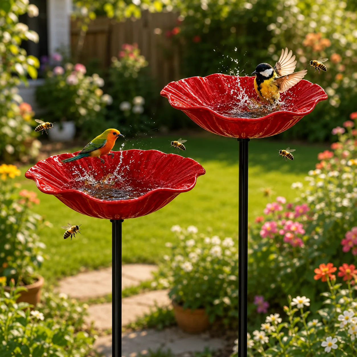 Lot de 2/4/6 abreuvoirs pour oiseaux en métal pour l'extérieur, mangeoire pour oiseaux en forme de fleur avec piquet de jardin, bol d'eau pour oiseaux, décoration de jardin résistante au gel pour oiseaux sauvages, jardin, pelouse et terrasse
