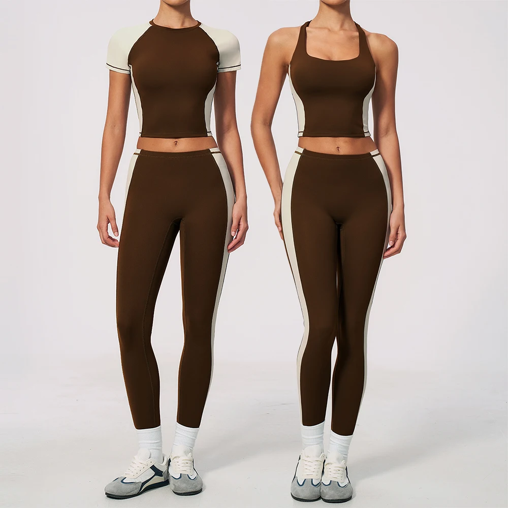 Ensemble de survêtement de yoga pour femmes, 2 pièces, vêtements de sport, tenue de sport, vêtements de gym, tenue de fitness, legging à manches courtes, ensemble de sport