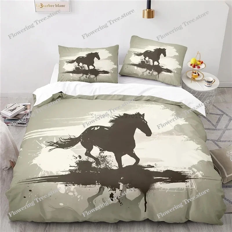 Parure de lit 3D motif cheval animalier, housse de couette imprimée avec taies d