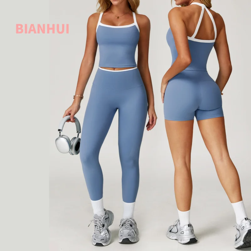 BIANHUI – survêtement de Sport pour femmes, ensemble de Sport, bloc de couleurs, dos croisé, serré, vêtements de Yoga, Fitness, tenue de Sport pour femmes