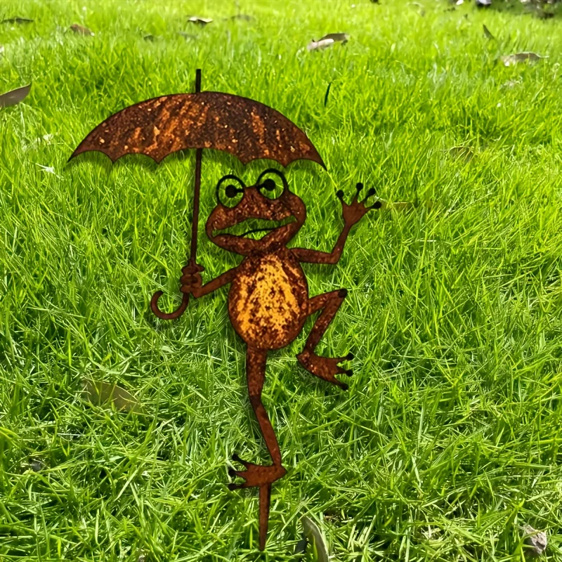 Décoration de jardin vintage en métal, grenouille tenant un parapluie, idéale pour la décoration extérieure de la cour, décoration de jardin, ornements artistiques de jardin, sans besoin de branchement, cadeau idéal, d