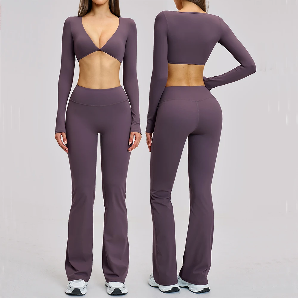 Ensemble de yoga 2 pièces pour femmes, tenue de sport, vêtements d'entraînement, vêtements de sport, legging de gym, soutien-gorge de fitness, haut court, manches longues, ensembles de sport