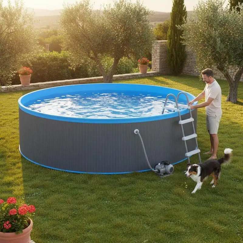 Piscine murale ronde en acier 350 x 90 cm grise avec skimmer et pompe filtrante, piscine hors-sol pour jardin et terrasse, piscine familiale pour adultes et enfants, ensemble piscine pour l'été et la détente en plein air, piscine de jardin pour la...