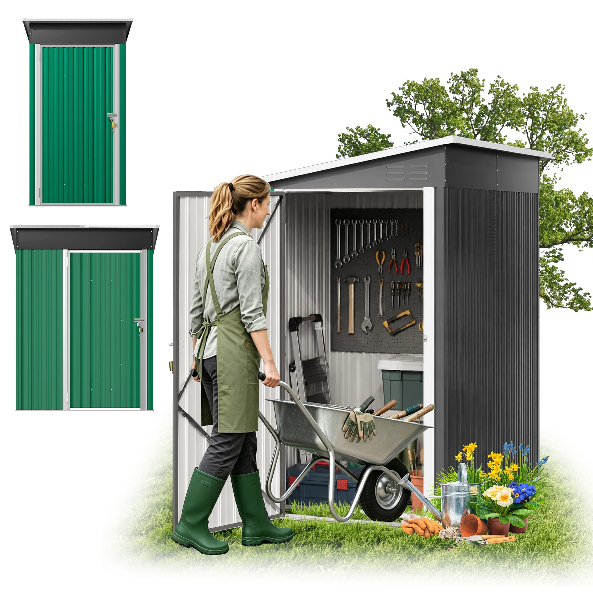 Abri de jardin en métal, grand abri à outils avec porte verrouillable et ventilation, avec toit en pente robuste, résistant aux intempéries, verrouillable, abri de jardin pour vélos, tondeuses à gazon et outils de jardin