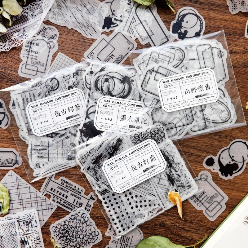 Yoofun 40 pièces rétro noir et blanc autocollants étiquette bricolage créatif demi étiquettes transparentes pour Journal Scrapbbooking Journal bricolage