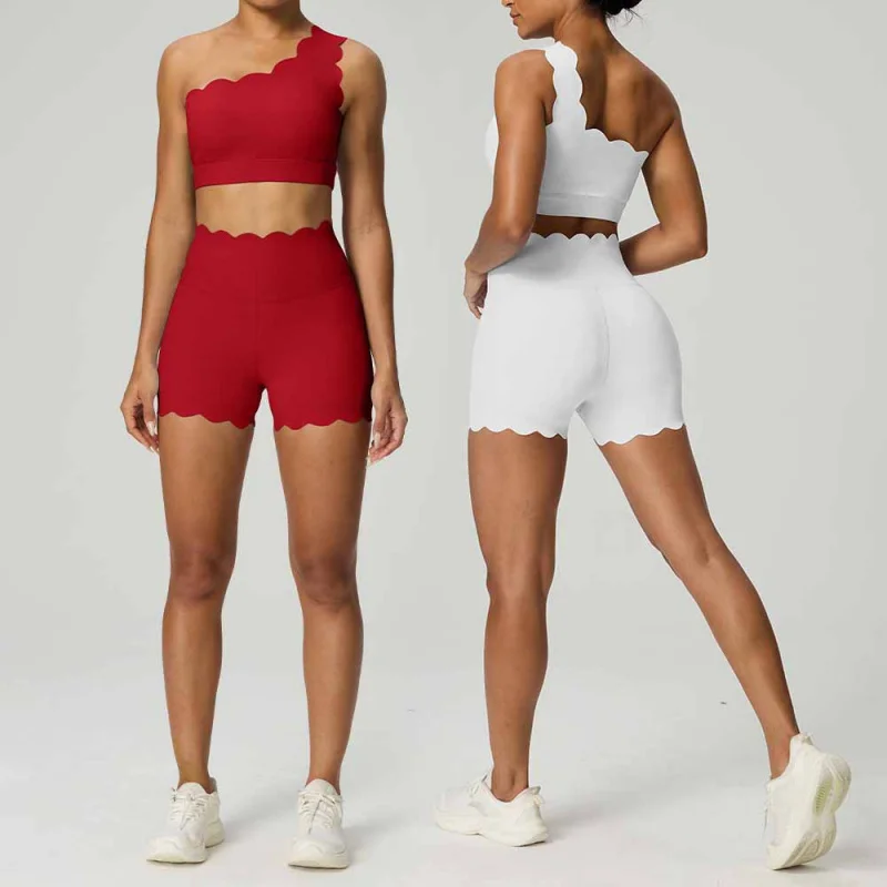 Ensemble de yoga en dentelle pour femmes, soutien-gorge à une épaule, tenue de fitness, short de sport pour course en plein air, vêtements de yoga, vêtements de sport pour femme, salle de sport
