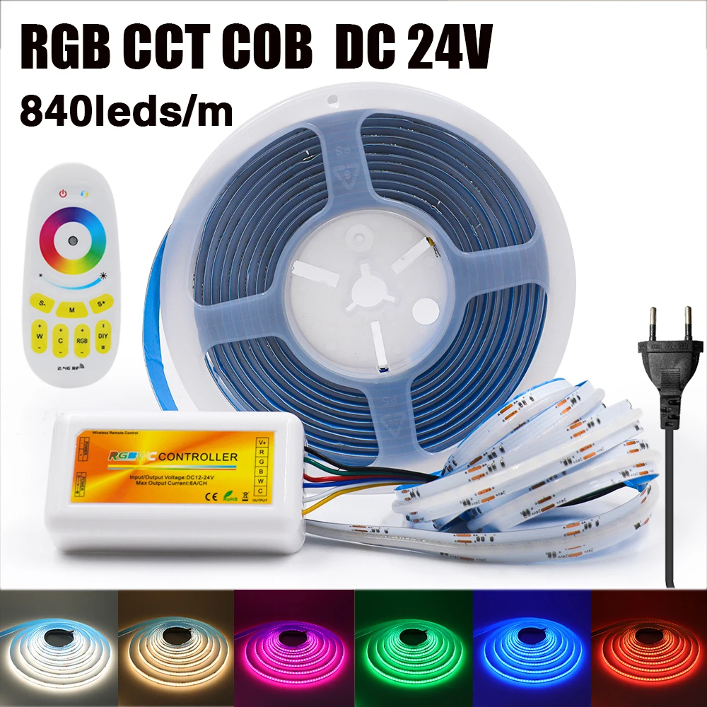 RGBCCT COB-LED-Streifen, DC 24 V, hochhell, 840 LEDs/m, EU-US-UK-Set mit Fernbedienung, sinnlos, buntes, flexibles Band, Lichtschlauch