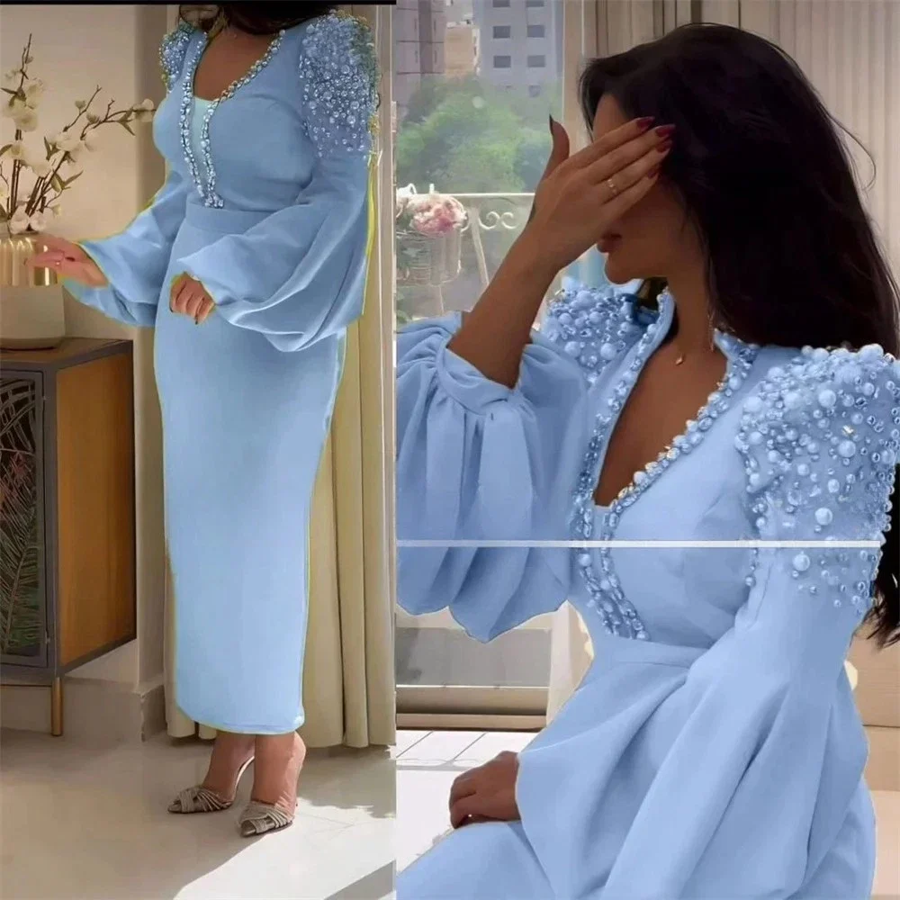 Elegant Straight Prom Dress Ankle-Length Satin Formal Party Gown Pearls Crystals Beaded Long Sleeves Evening Dress Customized