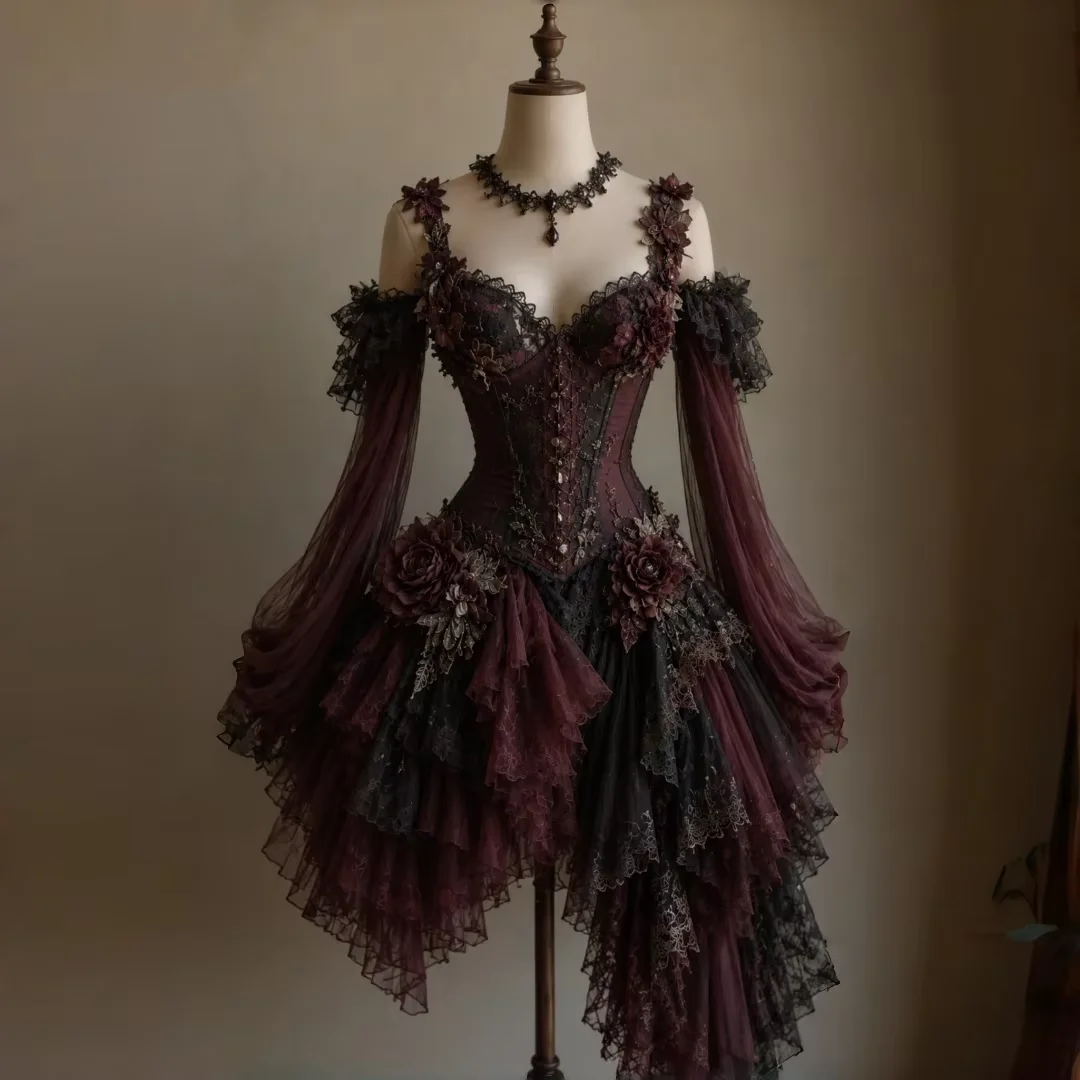 Short Victorian Prom Dress Burgundy Black Gothic Cosplay Costume Lace Corset party gown 3D Rose Floral Applique Customized