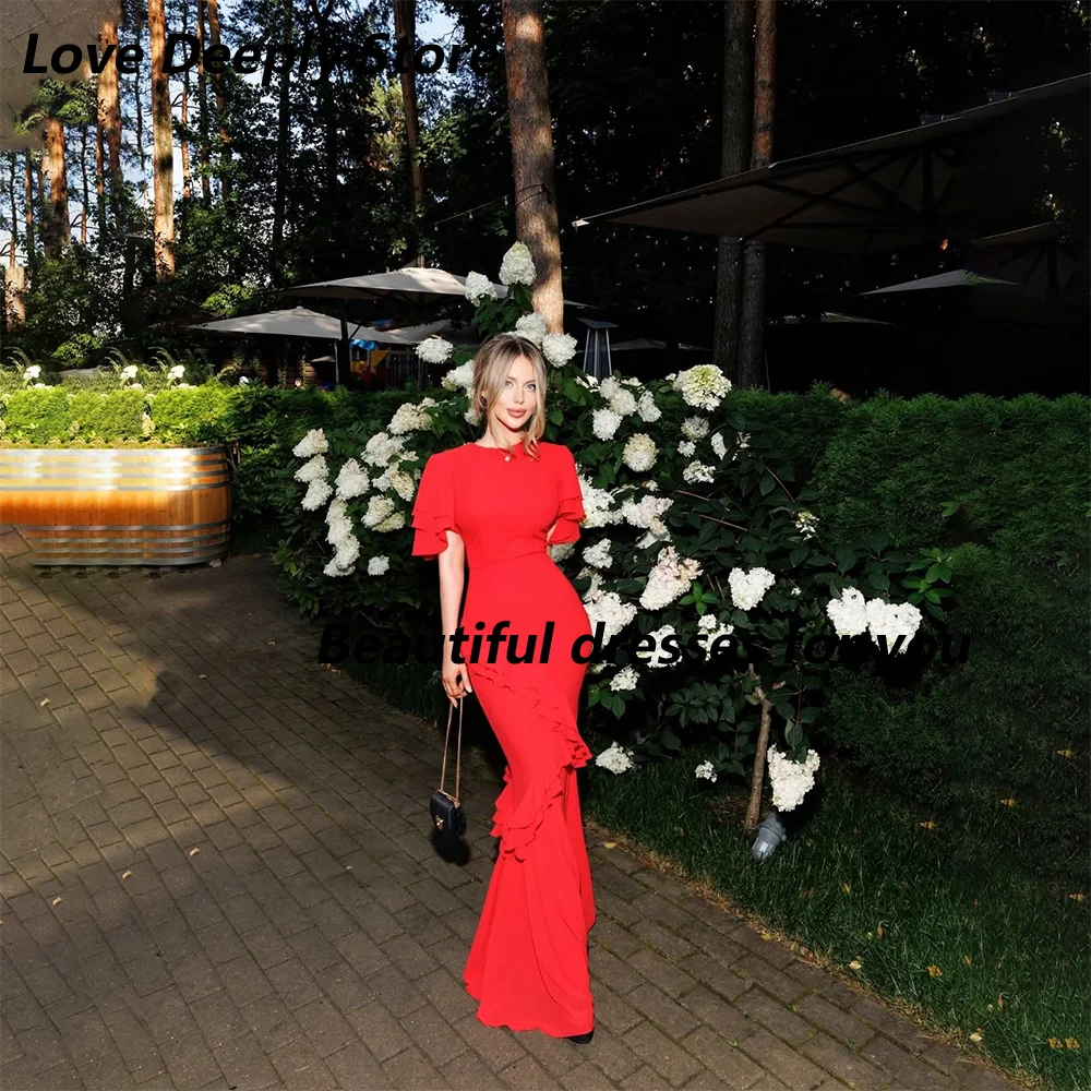 Red Evening Dress Round Neck Short Sleeve Formal Gown Mermaid Floor Length Elegant Wedding Guest Prom Dress for Women Customized