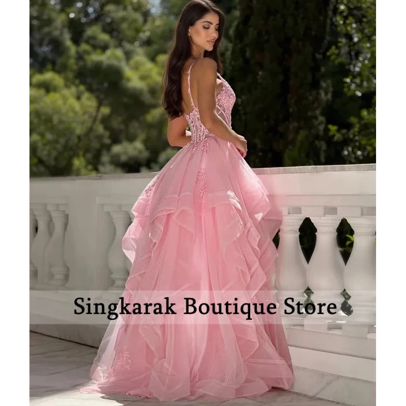 Customized Long Pink Lace Prom Dresses A-Line V-Neck Ruffles Pleated Lace Up Back Floor Length Evening Dress for Women