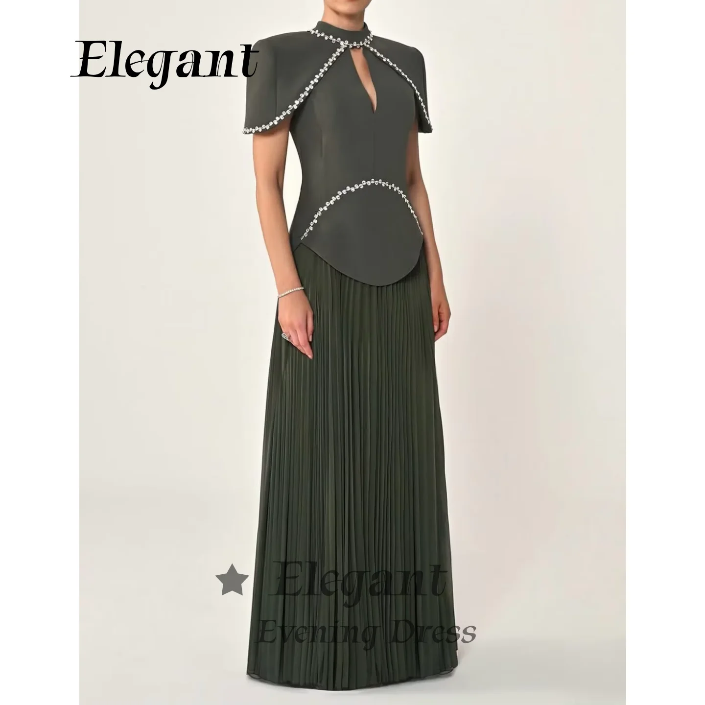 Luxury Green Prom Dresses High Neck Short Sleeves Saudi Women Crystal Beaded Evening Gown Wedding Party Dresses Customized