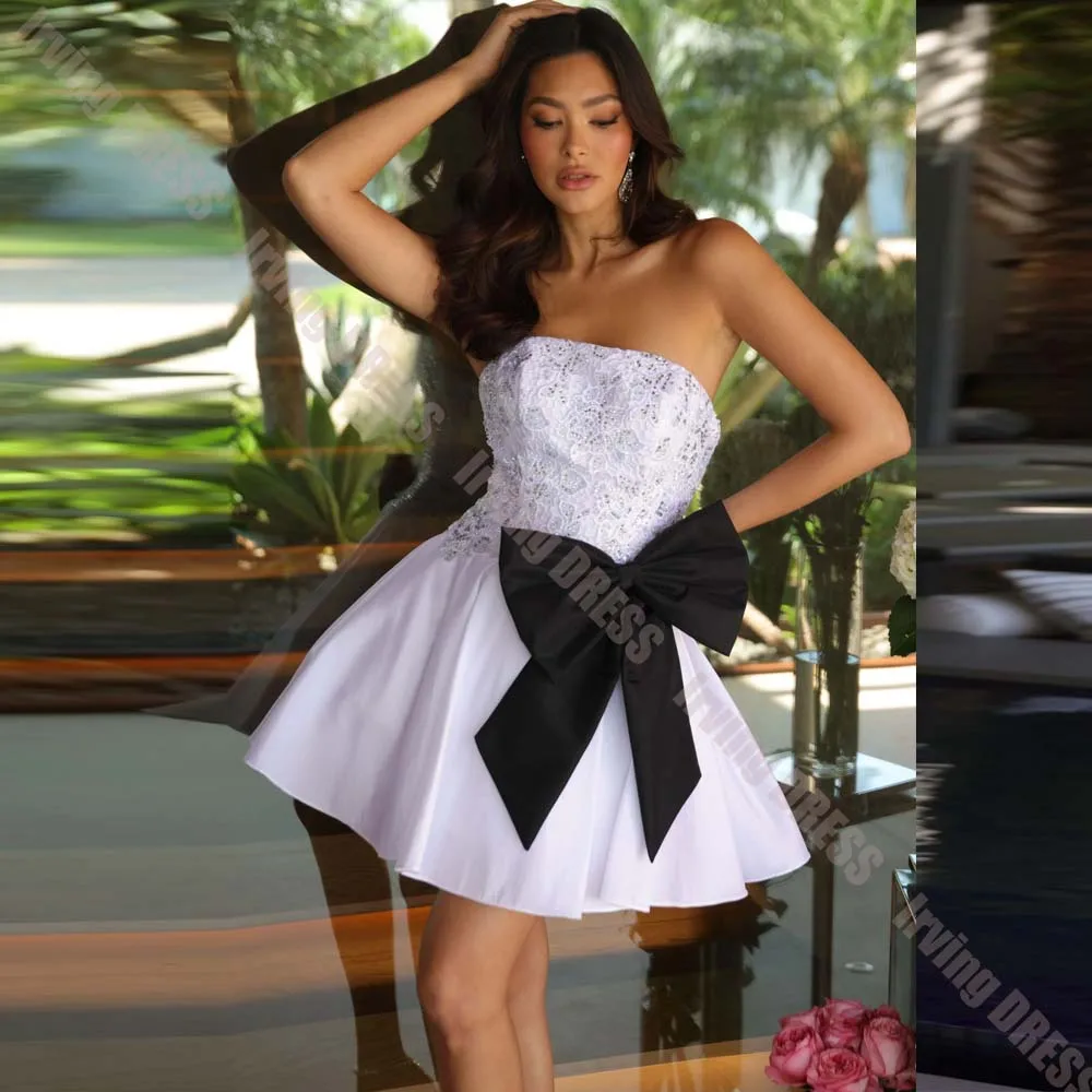 Customized Homecoming Dresses Charming Strapless Bow Lace Beads Backless for Women Prom Dress Party Cocktail Mini Evening Gowns
