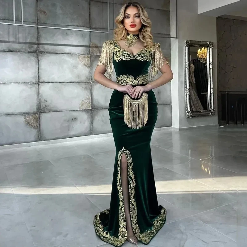 Green Velvet Moroccan Caftan Mermaid Evening Dresses High Neck Gold Embroidery Dubai Saudi Arabic Caftan Prom Gowns 2025