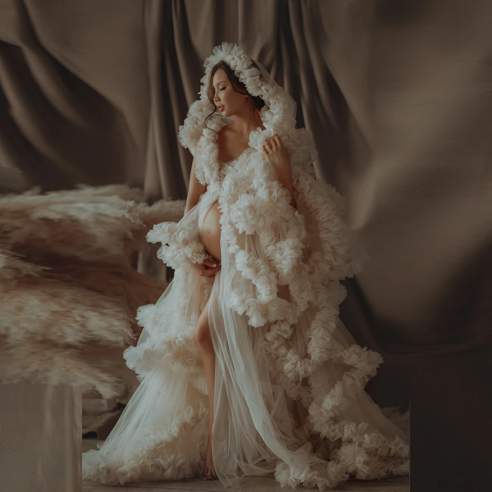 Luxury Wedding Shawl Bridal Tulle Robes Custom Made Long Sheer Women Tulle Maternity Dressing Gowns Dresses Ruffled Tulle Wraps