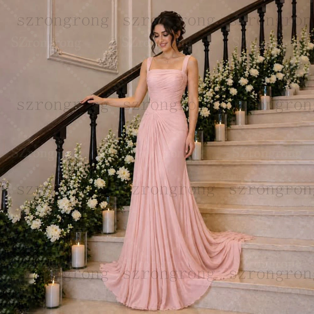 Customized Simple Spaghetti Straps Chiffon Pleated Fomral Evening Dress Floor-Length Straight سهره نسائيه فخمة Bridal Prom Dress