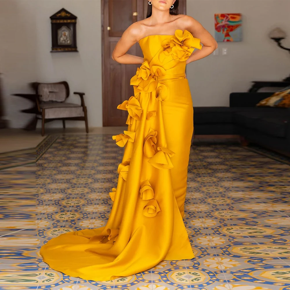 Modern Customized Evening Gown For Wedding Sheath Formal Party Dress Floor Length Prom Dress Sleeveless Flowers Saudi Dress