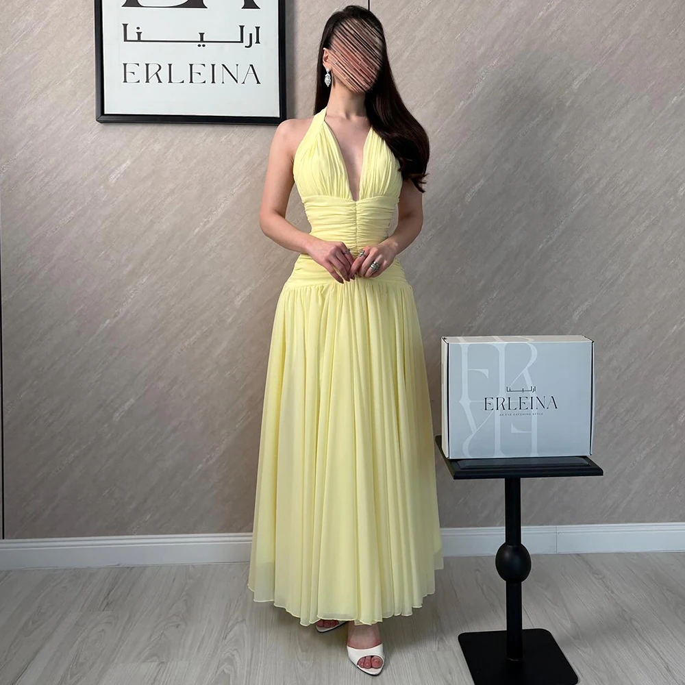 Elegant Yellow Halter Pleats Chiffon Maxi Evening Dress Customized Ankle Length Party Gowns Bridesmaid Dress for Wedding Guest